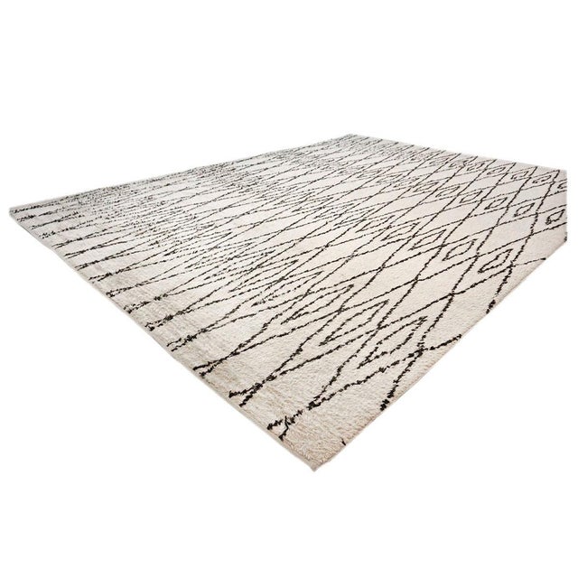 Moroccan Vintage Beni Ourain Modern Moroccan 12x18 Ivory & Dark Brown Handmade Area Rug #AY101 For Sale - Image 3 of 9