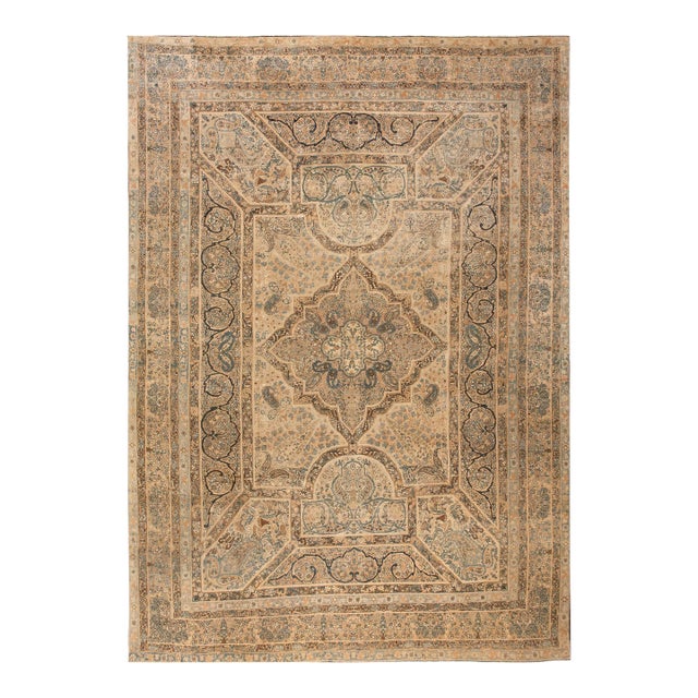 Authentic Medallion Design on a Ivory Open Field Antique Persian Kerman Rug For Sale