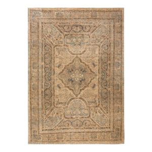 Authentic Medallion Design on a Ivory Open Field Antique Persian Kerman Rug