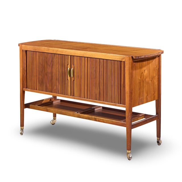 Mid-Century Modern Kipp Stewart for Drexel Declaration Mid Century Walnut Tambour Door Bar Cart For Sale - Image 3 of 11