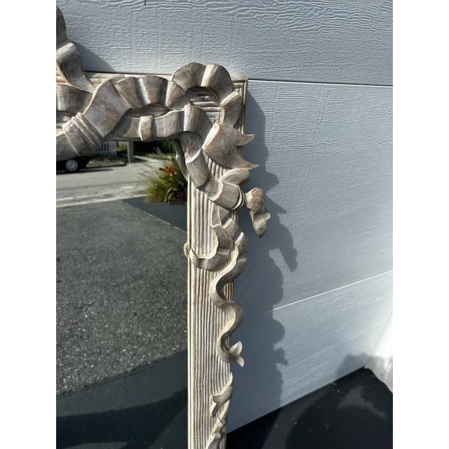 Traditional Vintage Cerused Solid Wood Heavily Carved Ribbon Mirror For Sale - Image 3 of 3