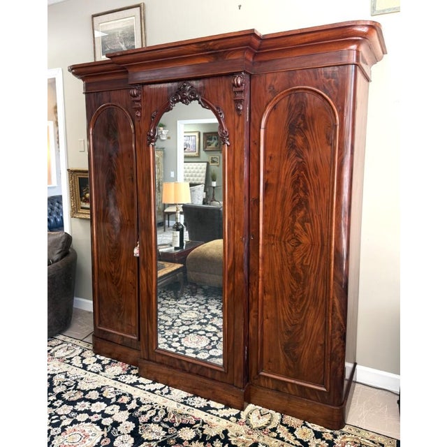 Victorian 19th Century Flamed Mahogany Triple Wardrobe With Center Mirror & Fitted Interior For Sale - Image 3 of 18