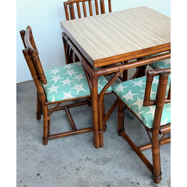 Ficks Reed Expandable Bamboo Game & Dining Table with 4 Matching Chairs, C. 1960 For Sale - Image 11 of 18