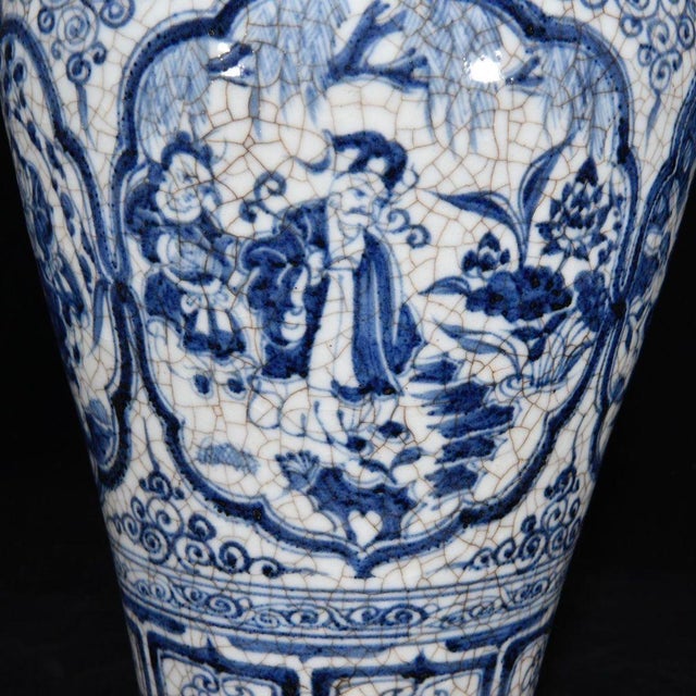 Vintage Blue and White Porcelain Meiping Vase With Figural Panels and Craquelure Glaze For Sale In Los Angeles - Image 6 of 8