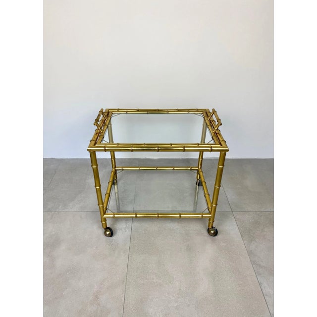 Metal Brass Faux Bamboo Effect & Glass Serving Bar Cart, Italy, 1960s For Sale - Image 7 of 18