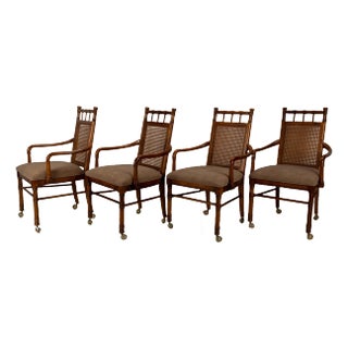 1970s Vintage Stanley Furniture Co. Faux Bamboo Cane Back Rolling Arm Chairs - Set of 4 For Sale