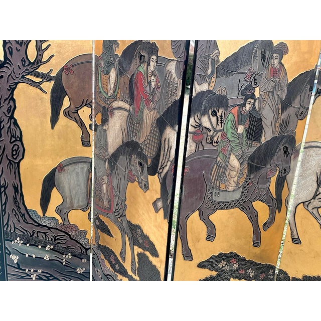 Wood 1970s Chinese Export Six Panel Coromandel Screen With Gold Leaf For Sale - Image 7 of 16