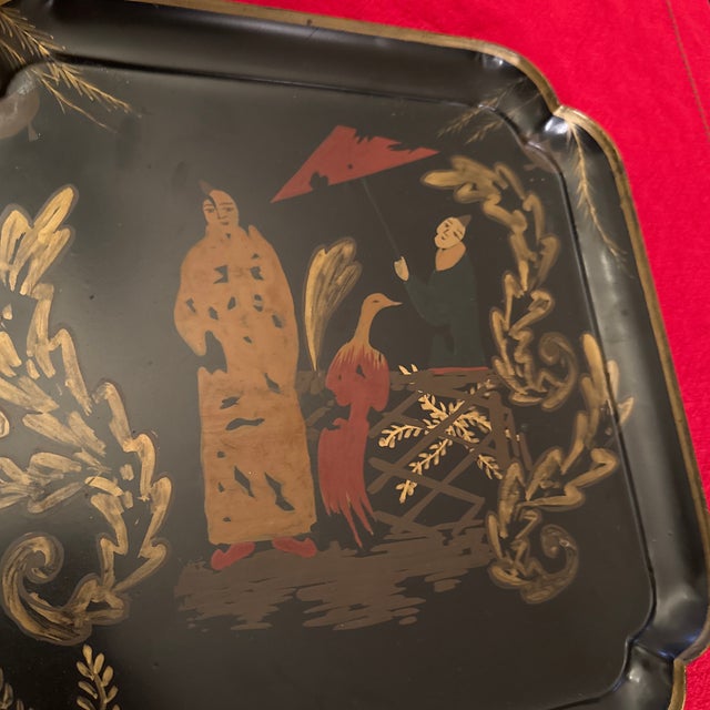 Vintage Hand Painted Gold Chinese Metal Tray For Sale - Image 4 of 9