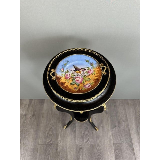 19th Century Napoleon III Jardinière in Ebonized Wood, Gilt Bronze and Hand-Painted Porcelain For Sale - Image 3 of 11