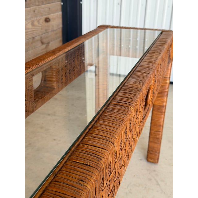 Contemporary Vintage Boho Rattan Wrapped Console With Woven Apron & Glass Top For Sale - Image 3 of 12