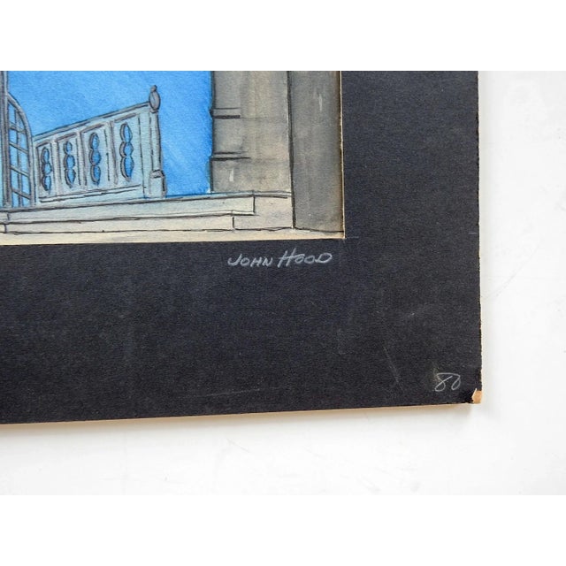 Vintage gouache on artist board set design for The Shearman & The Tailor architectural scene. Signed John Hood and titled...
