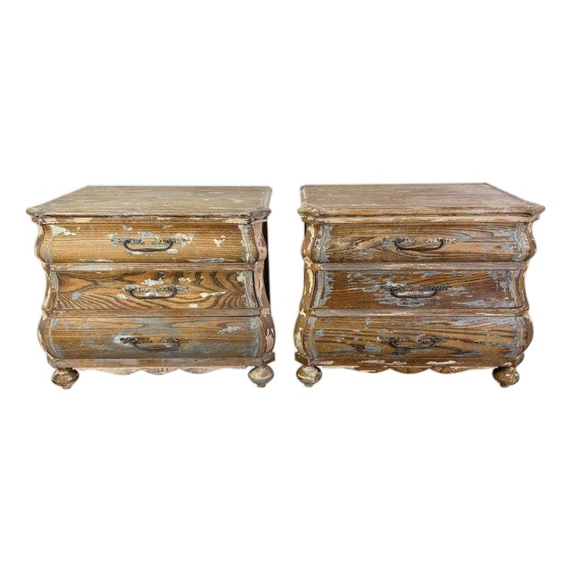 Distressed Louis XV Style Bombe Chests, Solid Wood, 1930s French For Sale