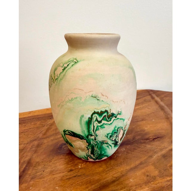 American Vintage Nemadji Green Swirl Pottery Vase For Sale - Image 3 of 6