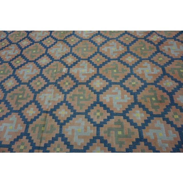 1930s Blue Orange Geometric Antique Indian Cotton Dhurrie Carpet Flatwoven Rug For Sale - Image 11 of 12