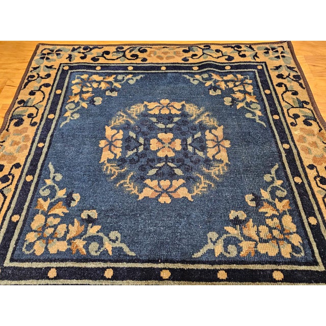 19th Century Chinese Peking Area Rug, Floral & Bird Motifs,Tan & Blue, 3' x 3' For Sale - Image 9 of 9