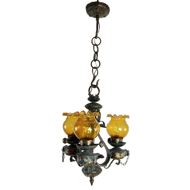 Mid-Century Brutalist Iron and Glass Chandelier, 1960s For Sale