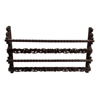 Antique Late 1800s Belgian Carved Oak Plate Rack – Griffin 55" Wall Shelf For Sale