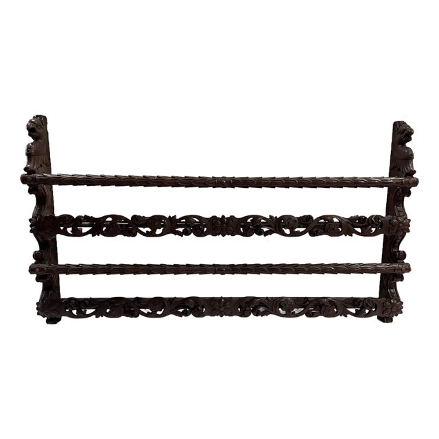 Antique Late 1800s Belgian Carved Oak Plate Rack – Griffin 55" Wall Shelf For Sale
