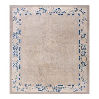 1880s Antique Beige Cream Open Field Chinoiserie Qing Style Chinese Peking Rug For Sale