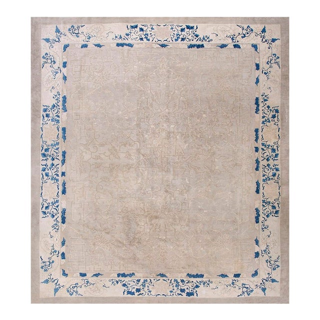 1880s Antique Beige Cream Open Field Chinoiserie Qing Style Chinese Peking Rug For Sale