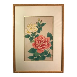 Mid 20th Century "Roses" Botanical Woodblock Pritn by Kawarazaki Shōdō 河原崎 奨堂, Framed For Sale