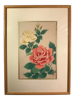 Mid 20th Century "Roses" Botanical Woodblock Pritn by Kawarazaki Shōdō 河原崎 奨堂, Framed
