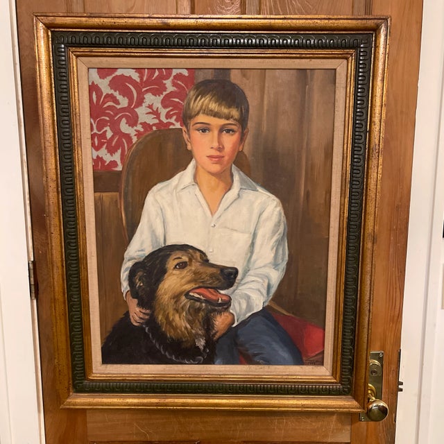 Realism Vintage Portrait Oil Painting of a Young Man With Dog For Sale - Image 3 of 4