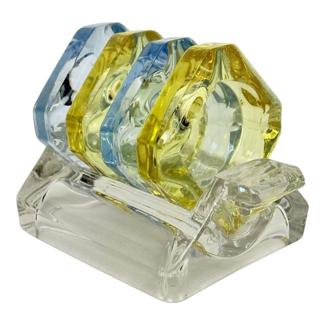 Vintage Art Deco "Bridge Party" Nesting Glass Ashtray / Catchall Set in Topaz & Sapphire – 5-Piece Caddy | Palm Beach Regency Table Jewelry For Sale
