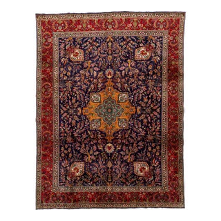 1960s Blue Persian Tabriz Vintage Wool Rug With Rossete Motif For Sale