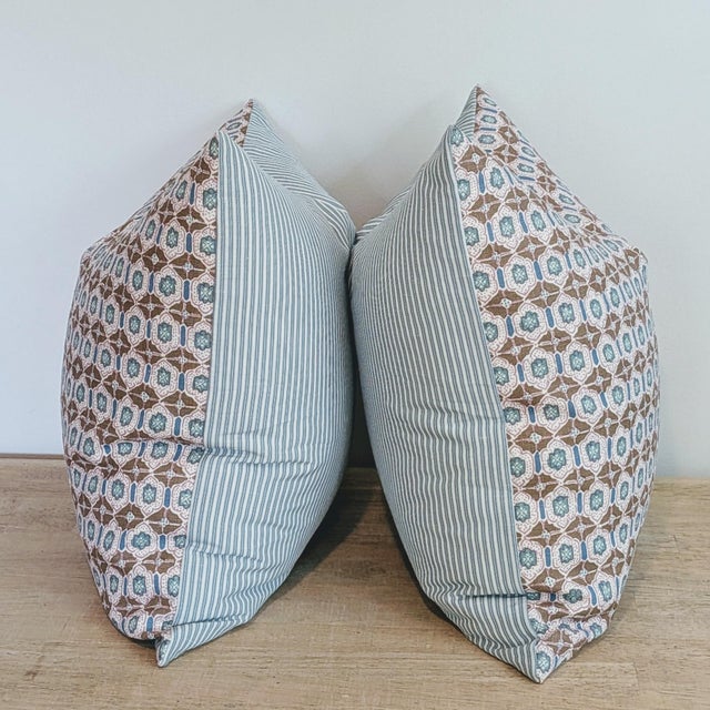 Elizabeth Eakins Lanterns in Teal features primarily pink and brown with a hint of teal and blue. 100% hand woven linen,...