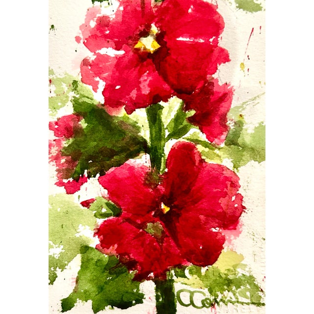 Framed Original Watercolor Tall Painting “Hollyhocks” Framed For Sale - Image 4 of 12