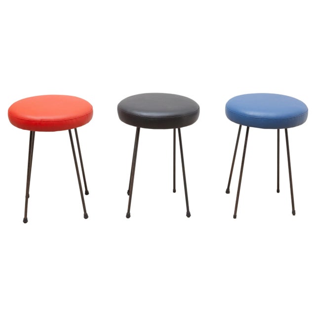 Metal Black, Red and Blue Low Bar Stools, France, 1950s, Set of 3 For Sale - Image 7 of 7