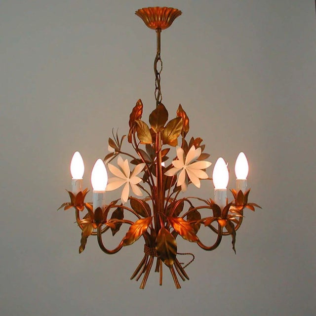 Mid-Century Modern Mid-Century 5-Light Gilt Leaf & White Blossom Chandelier by Hans Kögl, 1970s For Sale - Image 3 of 18