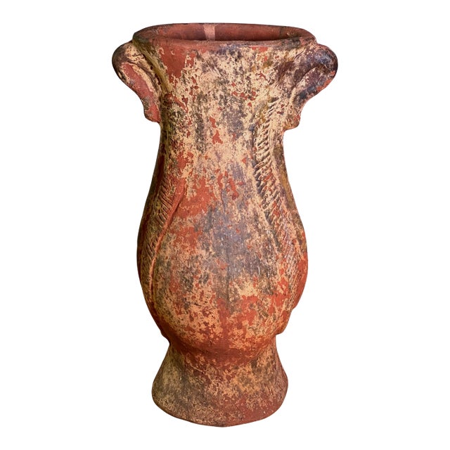 19th Century Mediterranean Studio Terra Cotta Floor Vase With Stylized Seahorses For Sale