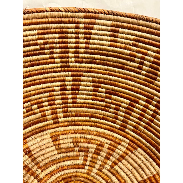 Cabin Vintage Large Size Southwest Style Coiled Reed Basket With Geometric Pattern 26” Diameter For Sale - Image 3 of 11