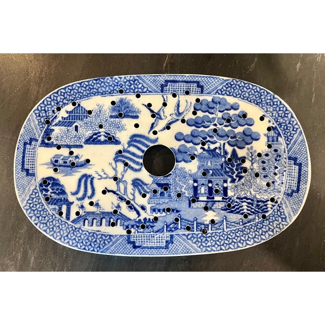 19th Century Antique English Blue Willow Pierced Ceramic Fish Platter Drainer, 8" For Sale - Image 5 of 8