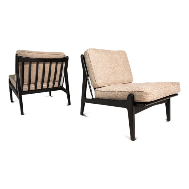 Set of Two (2) Danish Modern Ebonized Lounge Chairs in Bouclé Attributed to Ib Kofod Larsen for Selig, Denmark, C. 1950's For Sale