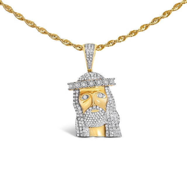 Imagine bearing a divine emblem gracefully suspended from your neck, crafted from lustrous 10K yellow gold and radiantly...