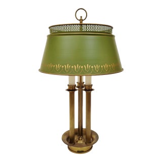 Vintage 20th C French Brass & Moss Green Tole Shade Bouillotte Lamp For Sale