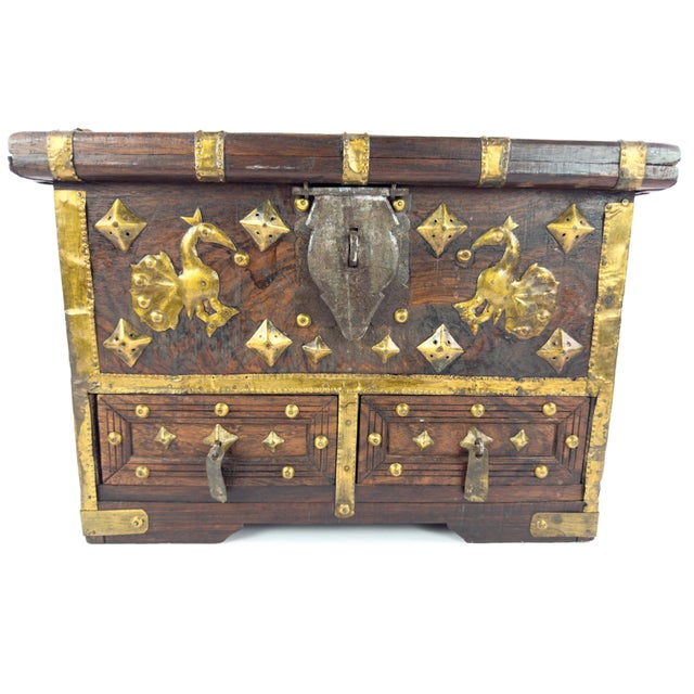 Indian 1950s Indian Rosewood Jewelry Chest With Brass Mounts & Hidden Drawers For Sale - Image 3 of 13