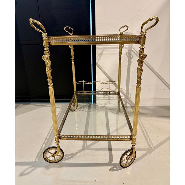 Neoclassical Tea Trolley in Brass with Angel Figurines, 1950s, in Very Good conditions. Designed 1950 to 1959