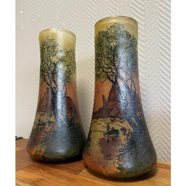 Glass Tinted Glass Roller Vases with Lakeside Landscape and Fishermen after Legras, 1890s, Set of 2 For Sale - Image 7 of 7