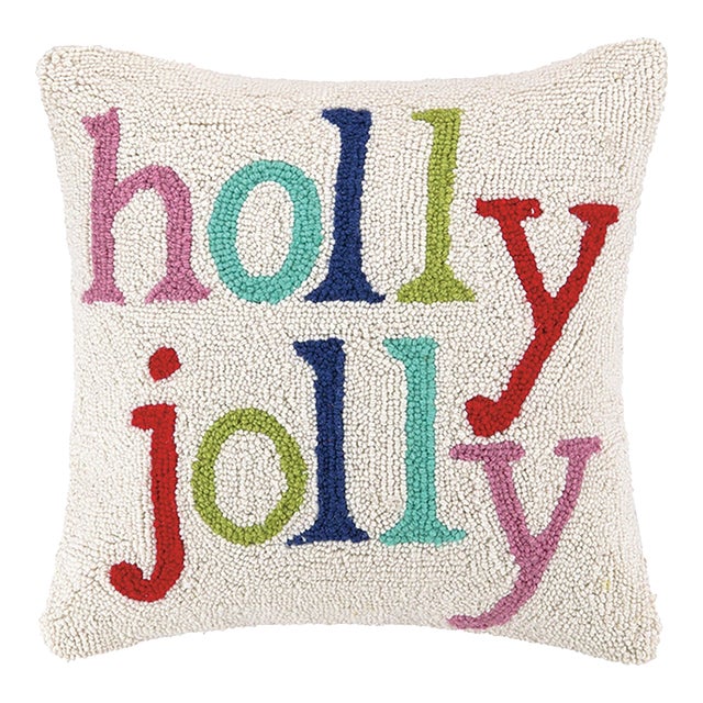 Holly Jolly Multicolor Christmas Hook Pillow 16" x 16" For Sale