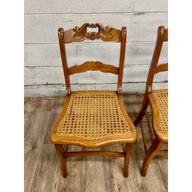 Antique Carved Walnut Ladderback Cane Seat Carved Dining Chairs - Pair For Sale In Kansas City - Image 6 of 11