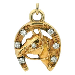 Vintage 14k Gold Diamond Horse Head and Horseshoe Pendant For Sale