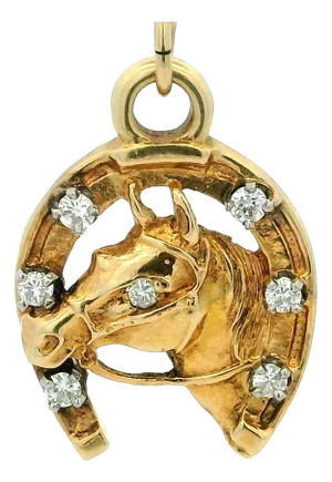 Vintage 14k Gold Diamond Horse Head and Horseshoe Pendant