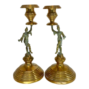 Pair of Antique Copper and Brass Asian Style Figuras Candleholders