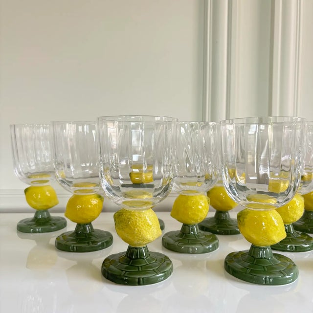 2020s Bordallo Pinheiro Style Green Stem Lemon Motif Hand Blown Fluted Glass Goblets - Set of 6 For Sale - Image 5 of 8