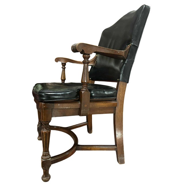 Wood Antique Black Leather Collectible Armchairs by Colonial Chair Company Made in the Chicago Loop - Circa 1920 - A Pair For Sale - Image 7 of 9