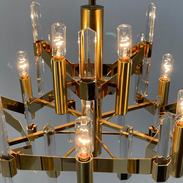 Mid 20th Century Gaetano Sciolari Modernist Brass Chandelier with Crystal Blades For Sale - Image 5 of 10